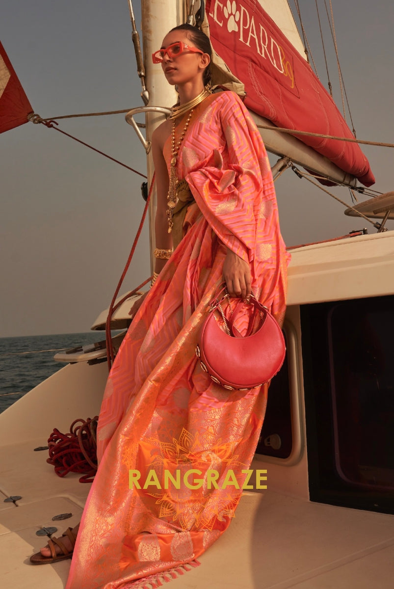 Coral Peach Dual Tone Banarasi Satin Silk Saree