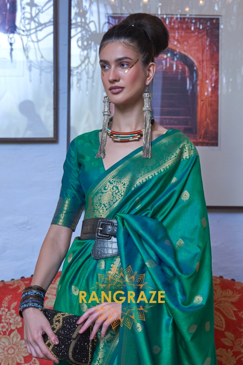 Imperial Green Moss Weave Handloom Weaving Banarasi Silk Saree