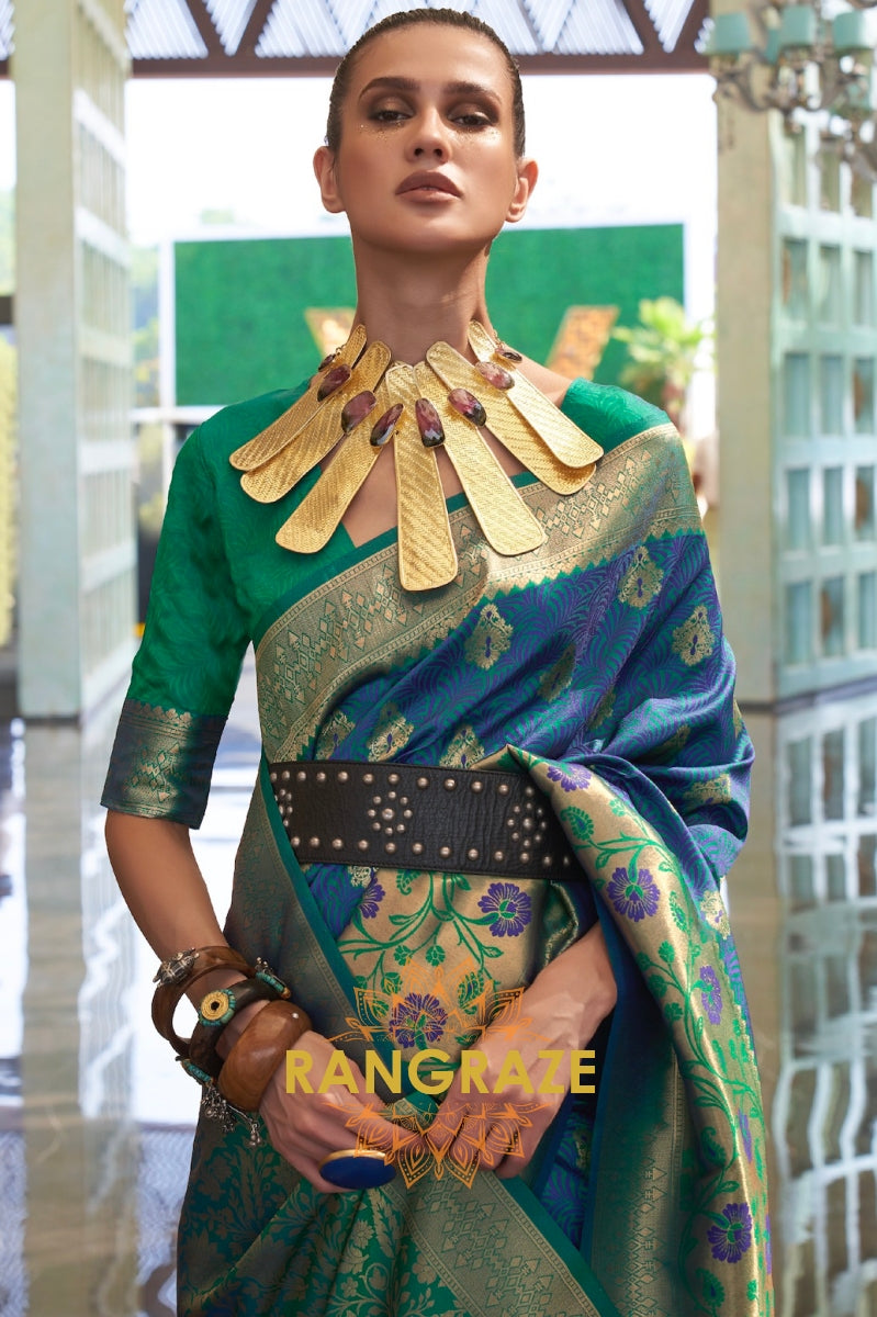 Contrasting Deep Green Woven Banarasi Brocade Silk Saree