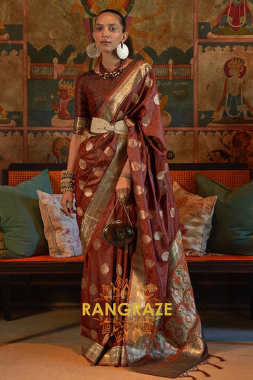 Divine Brown Woven Banarasi Satin Silk Saree