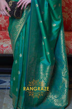 Imperial Green Moss Weave Handloom Weaving Banarasi Silk Saree