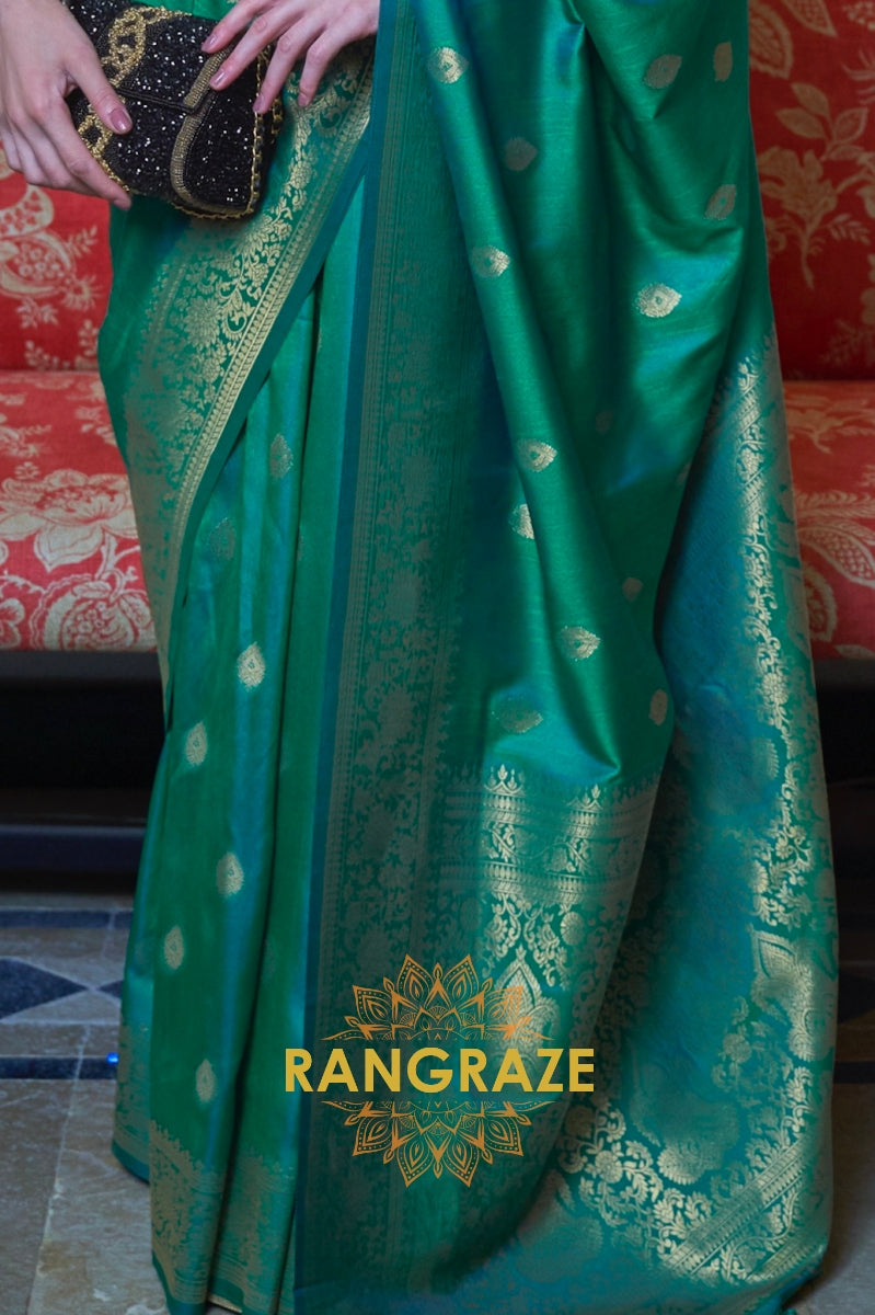 Imperial Green Moss Weave Handloom Weaving Banarasi Silk Saree
