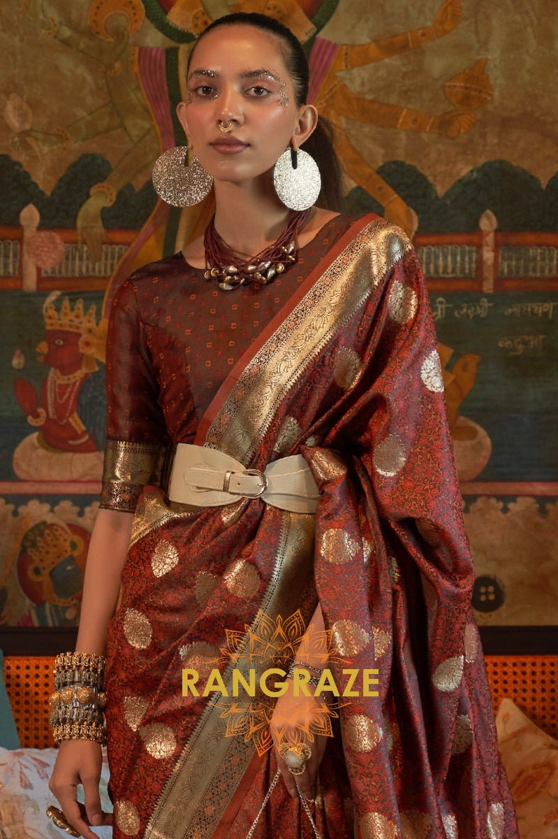 Divine Brown Woven Banarasi Satin Silk Saree