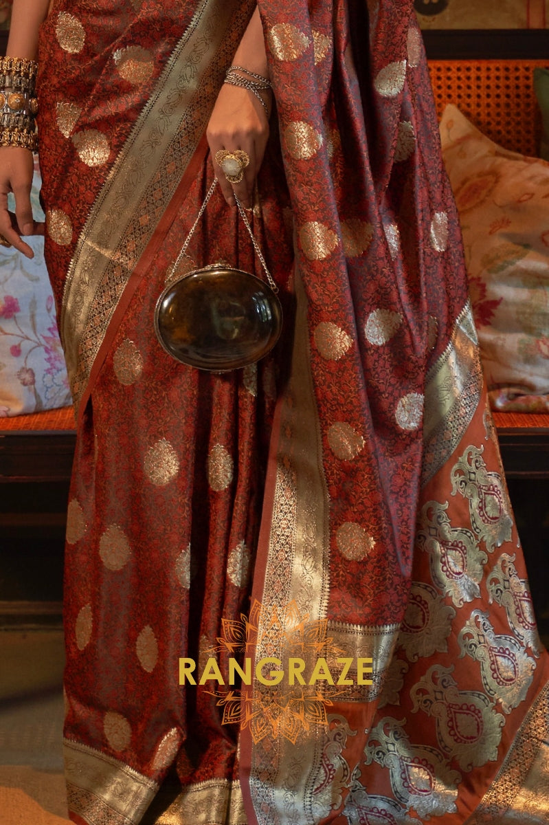 Divine Brown Woven Banarasi Satin Silk Saree