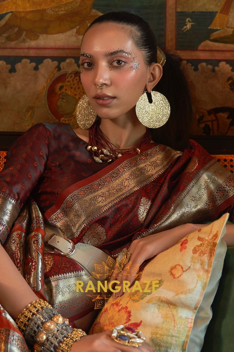 Divine Brown Woven Banarasi Satin Silk Saree