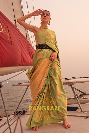 Elegant Olive Green Dual Tone Banarasi Satin Silk Saree