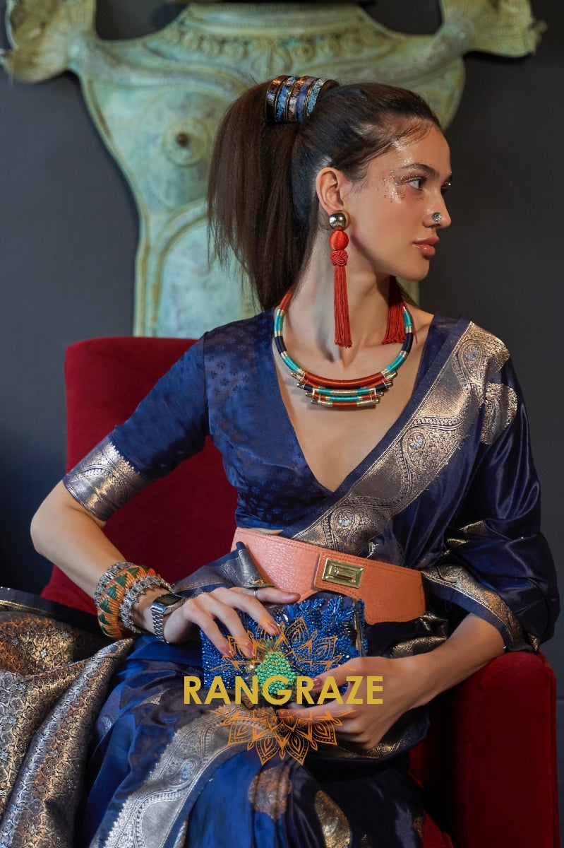 Roman Blue Banarasi Woven Satin Silk Saree
