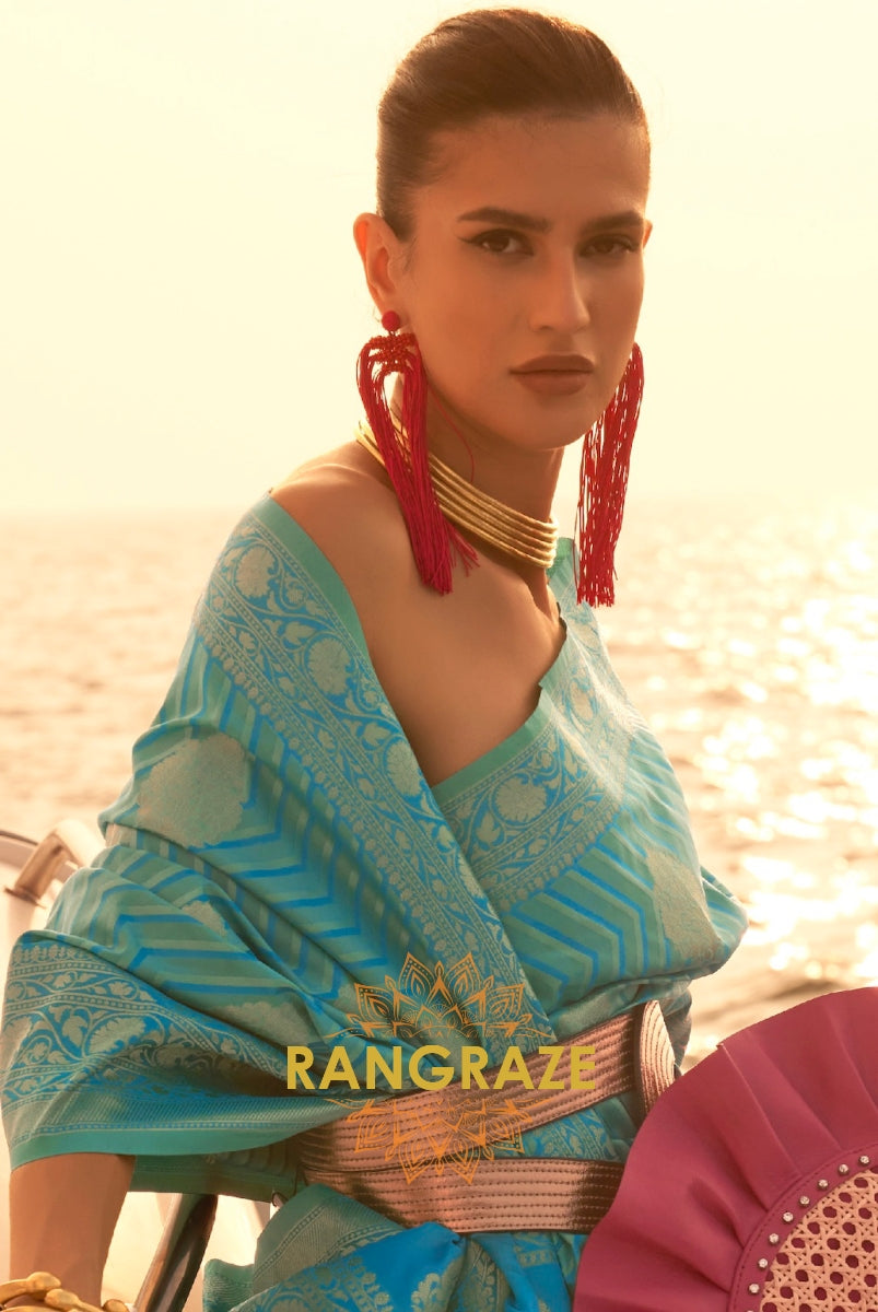 Coral Aegean Blue Dual Tone Banarasi Satin Silk Saree
