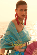 Coral Aegean Blue Dual Tone Banarasi Satin Silk Saree
