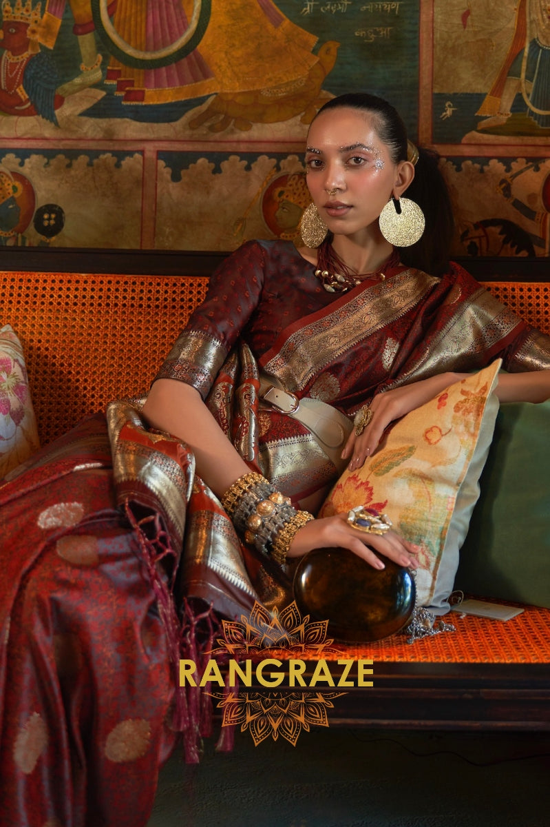 Divine Brown Woven Banarasi Satin Silk Saree