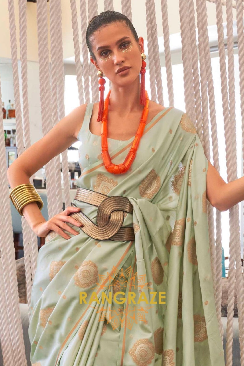 Crystal Green Bronze Zari Woven Satin Silk Saree