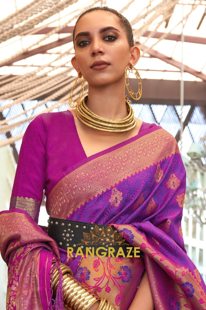 Contrasting Purple Woven Banarasi Brocade Silk Saree