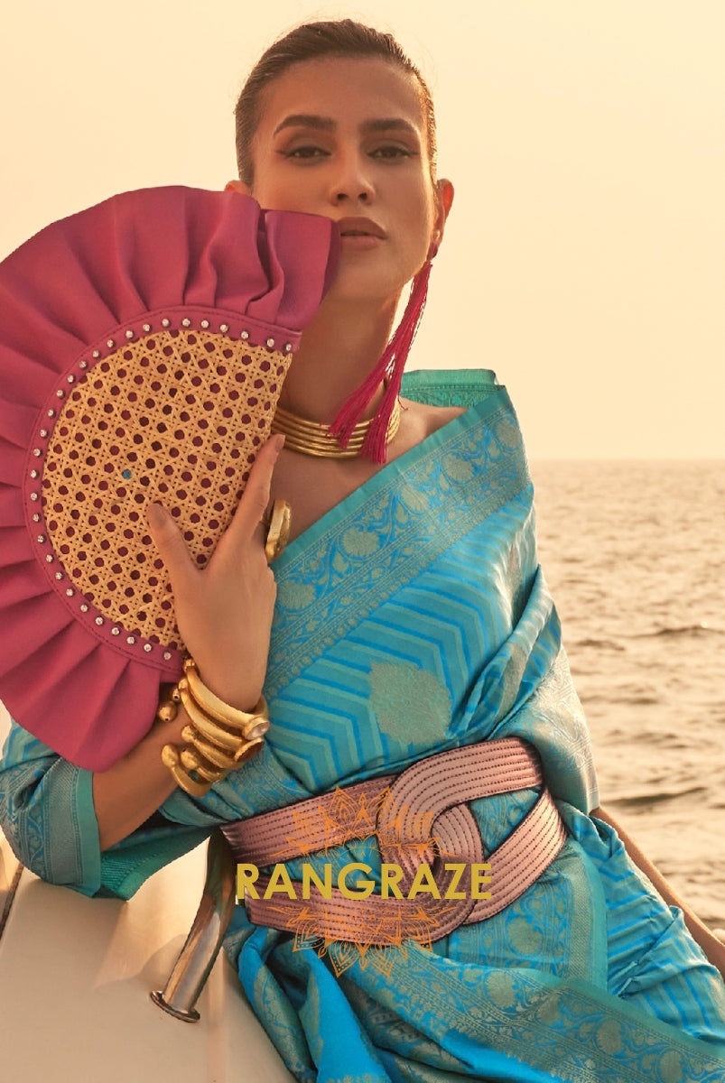 Coral Aegean Blue Dual Tone Banarasi Satin Silk Saree