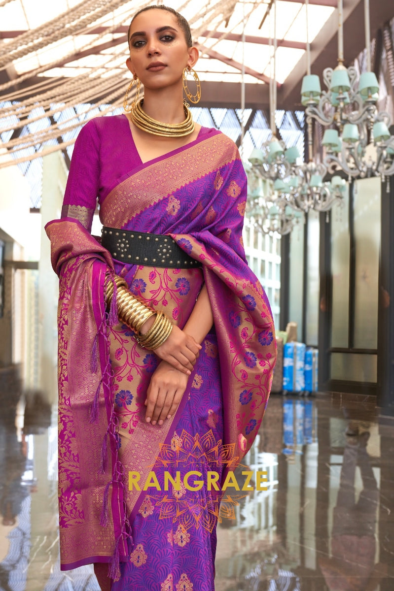 Contrasting Purple Woven Banarasi Brocade Silk Saree