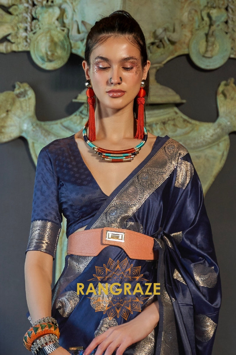 Roman Blue Banarasi Woven Satin Silk Saree