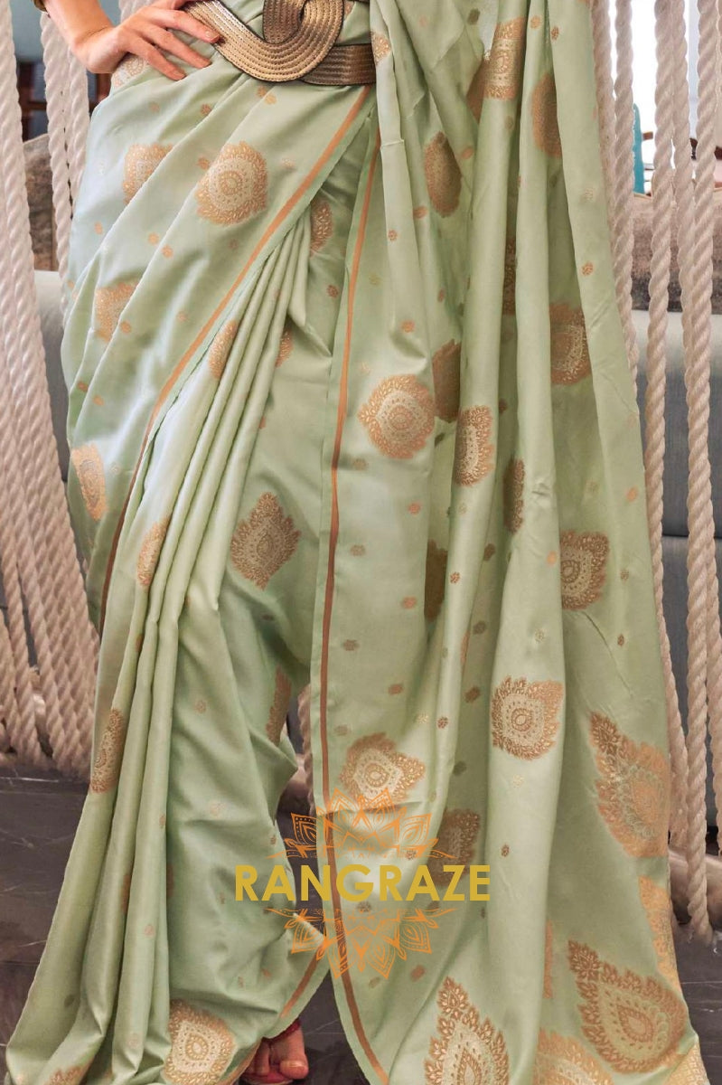 Crystal Green Bronze Zari Woven Satin Silk Saree