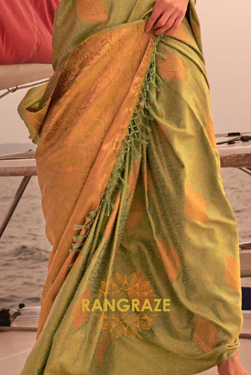 Elegant Olive Green Dual Tone Banarasi Satin Silk Saree