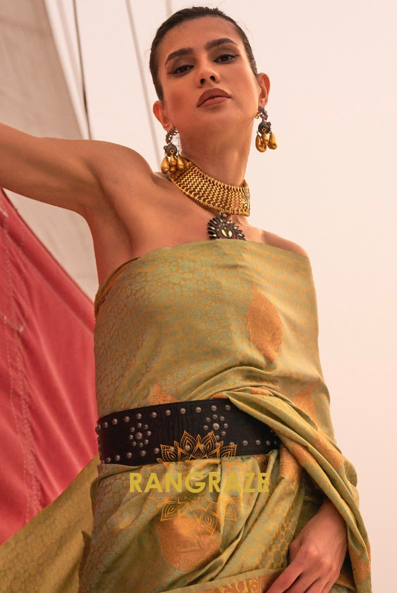 Elegant Olive Green Dual Tone Banarasi Satin Silk Saree