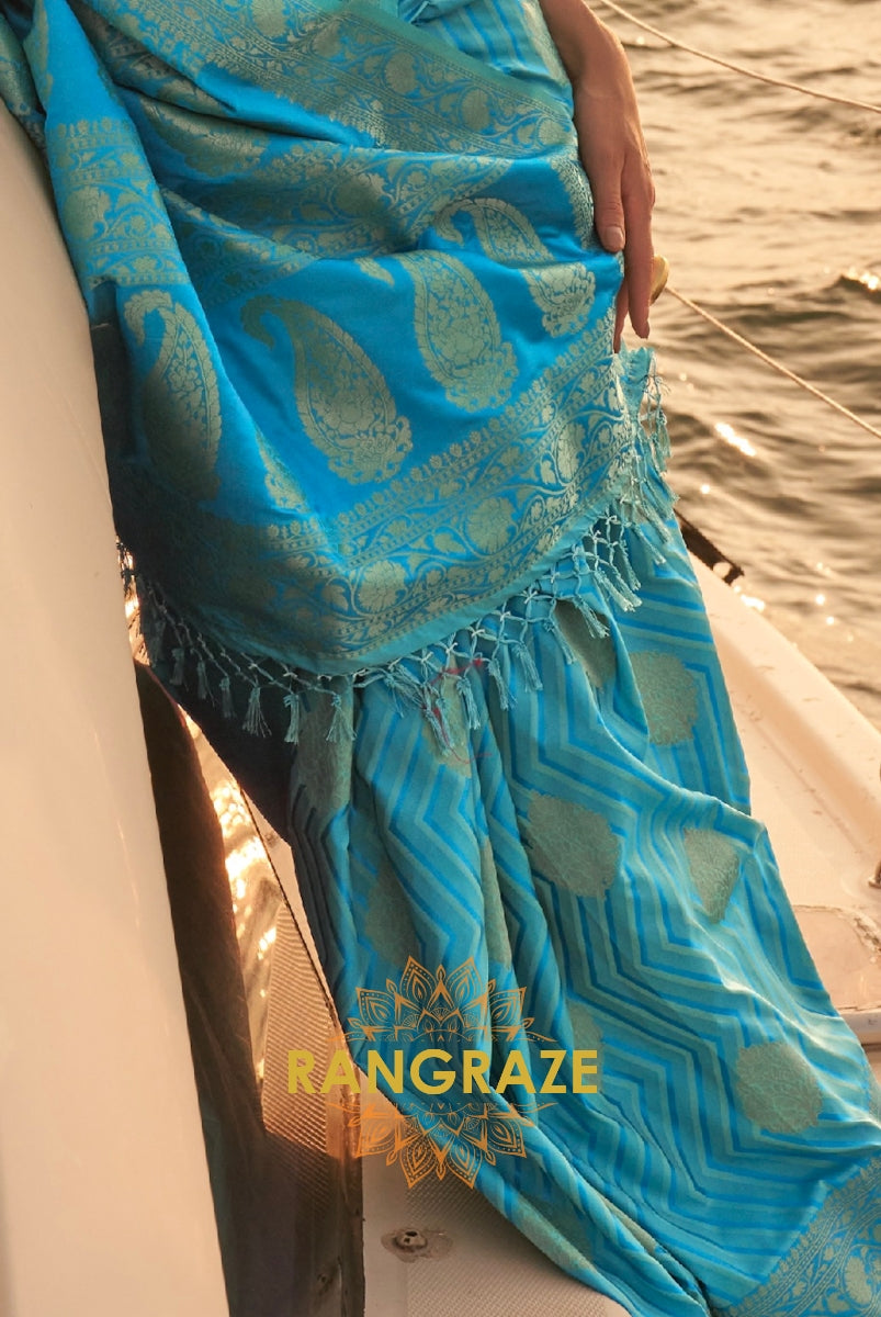 Coral Aegean Blue Dual Tone Banarasi Satin Silk Saree