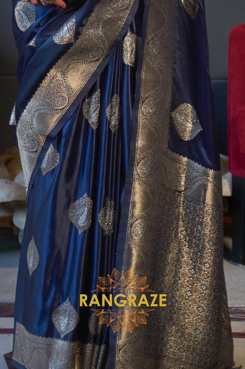 Roman Blue Banarasi Woven Satin Silk Saree