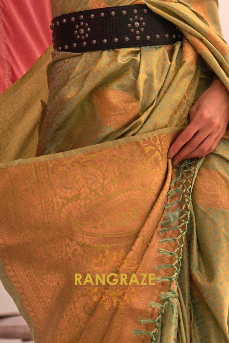 Elegant Olive Green Dual Tone Banarasi Satin Silk Saree