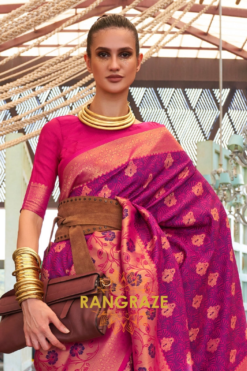 Contrasting Marron Woven Banarasi Brocade Silk Saree