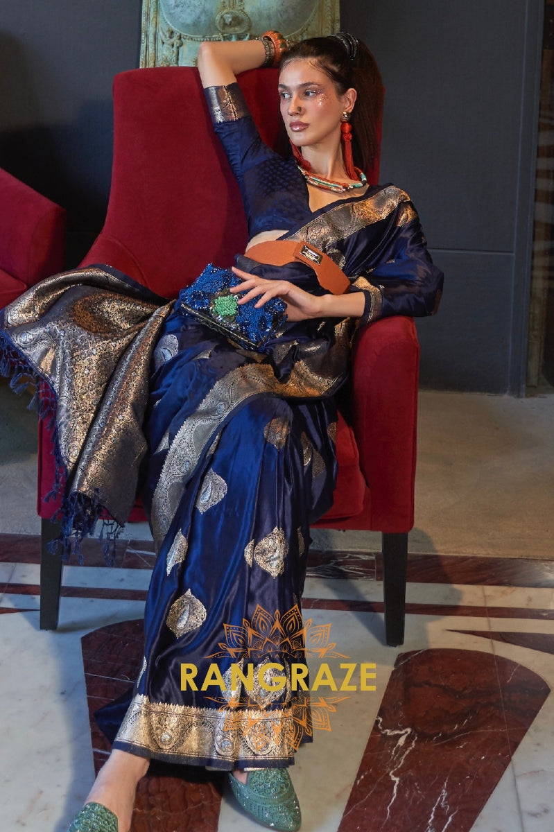 Roman Blue Banarasi Woven Satin Silk Saree