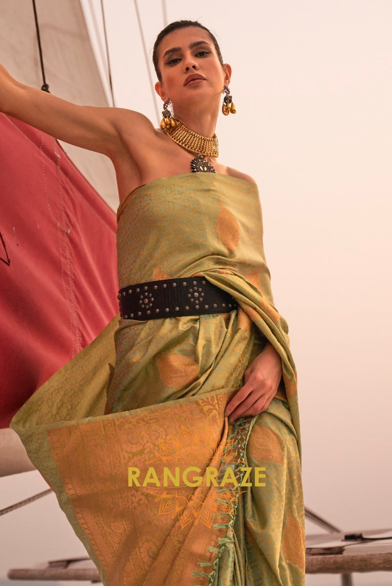 Elegant Olive Green Dual Tone Banarasi Satin Silk Saree