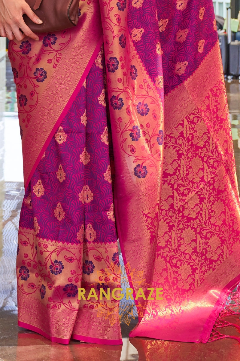 Contrasting Marron Woven Banarasi Brocade Silk Saree