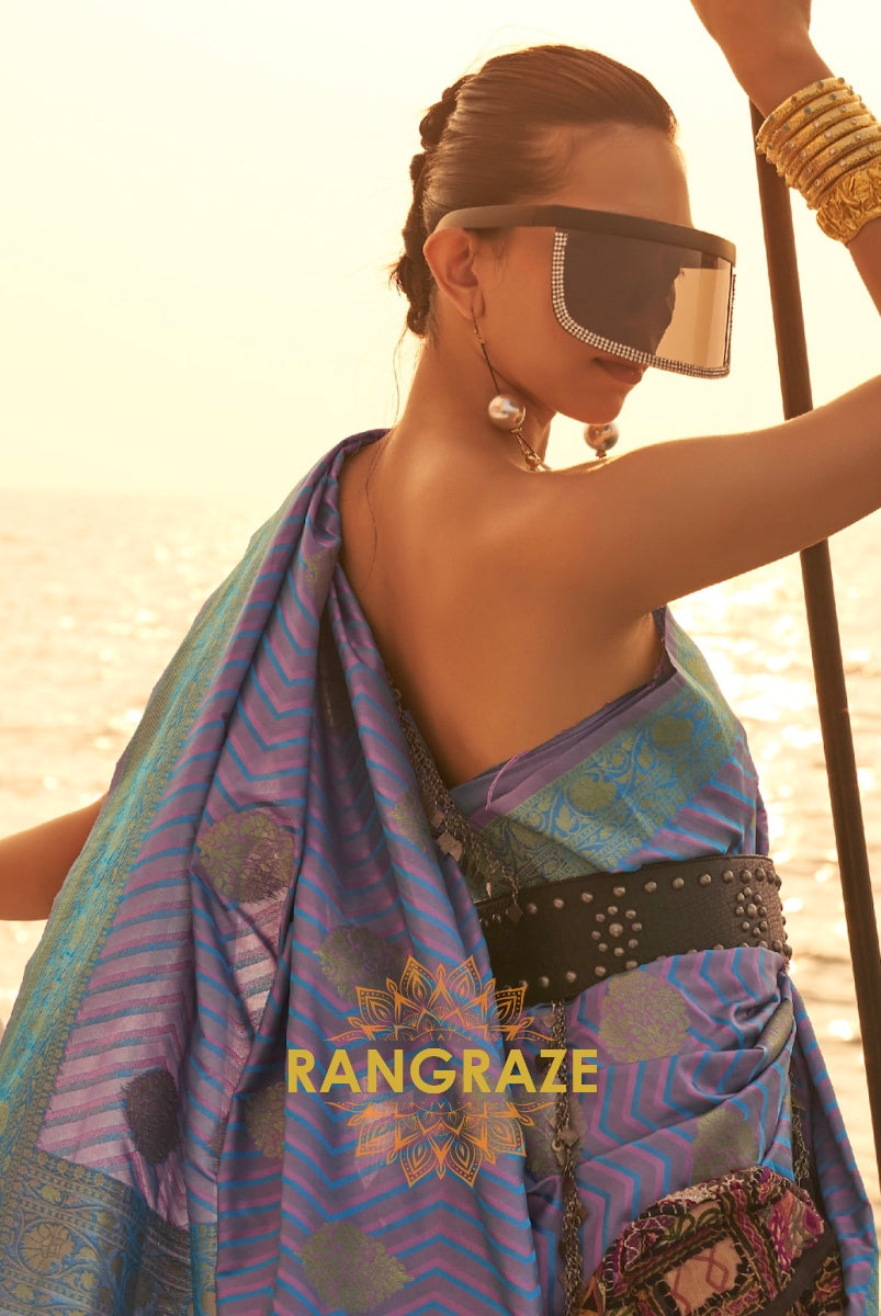 Coral Lavender Purple Green Dual Tone Banarasi Satin Silk Saree
