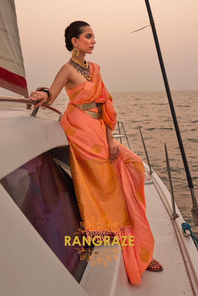 Dual Peach Pink Tone Banarasi Satin Silk Saree