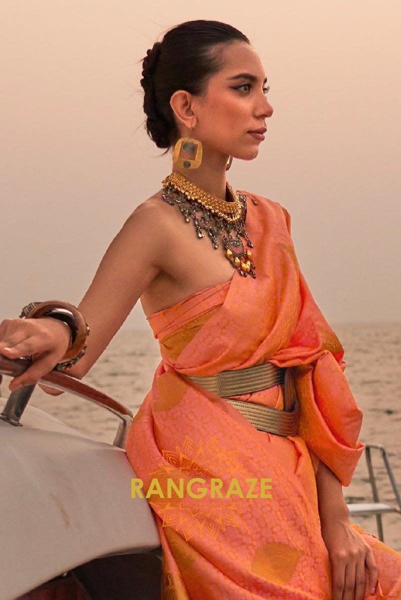 Dual Peach Pink Tone Banarasi Satin Silk Saree