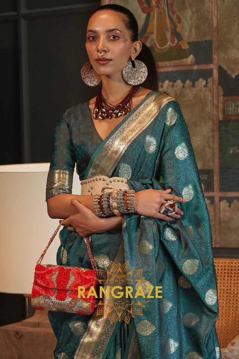 Divine Deep Green Woven Banarasi Satin Silk Saree