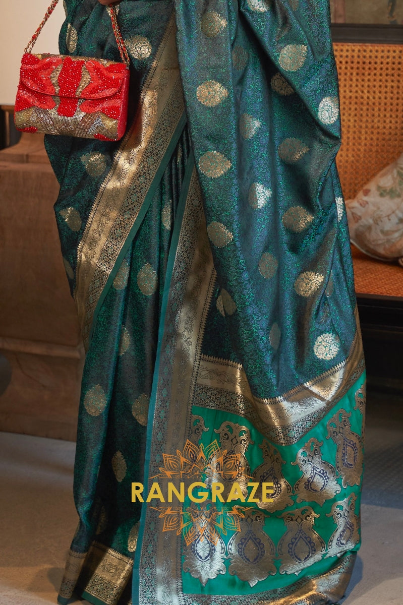Divine Deep Green Woven Banarasi Satin Silk Saree