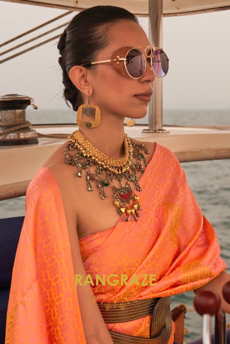 Dual Peach Pink Tone Banarasi Satin Silk Saree