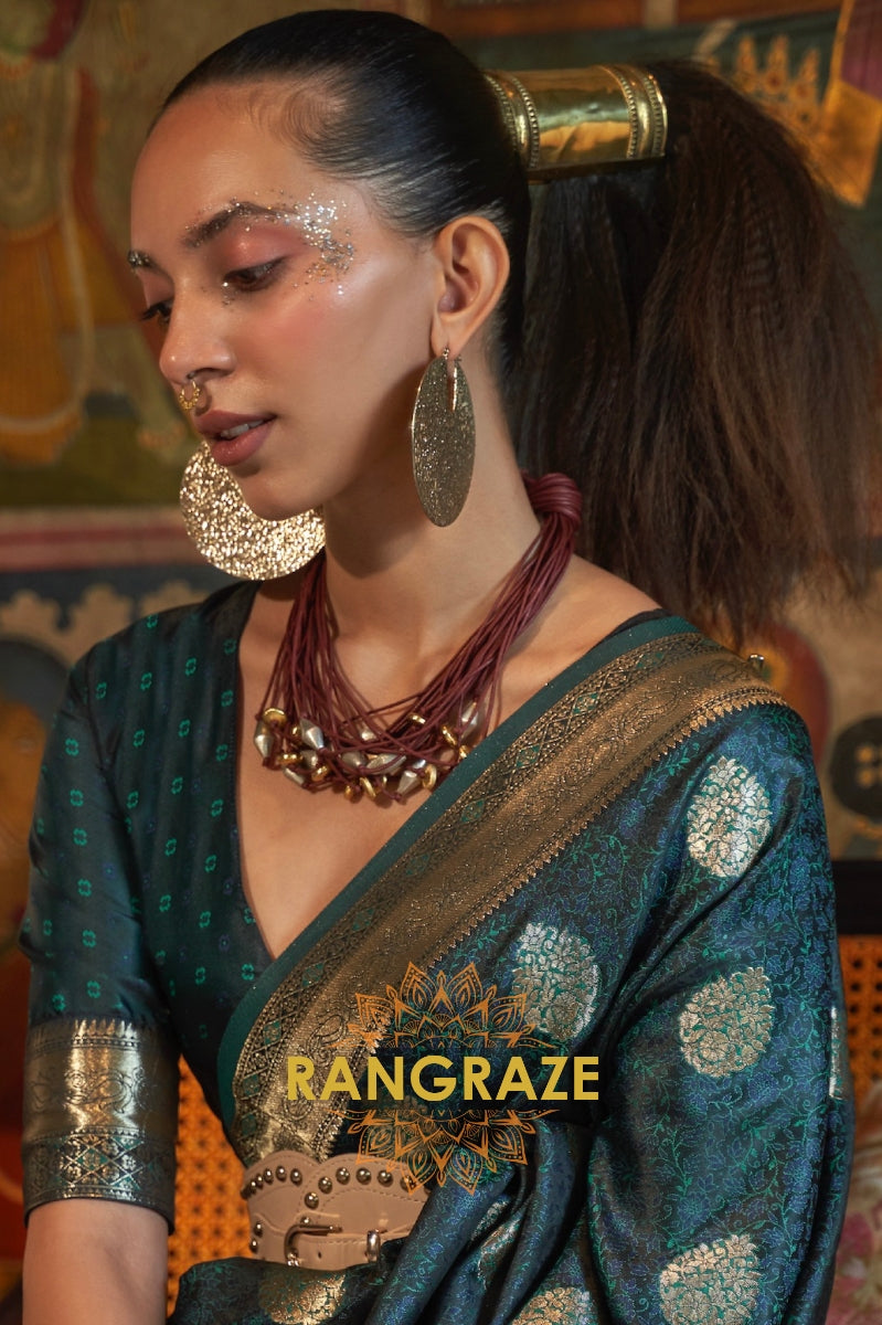Divine Deep Green Woven Banarasi Satin Silk Saree