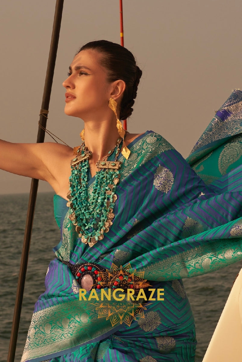Coral Ocean Blue Dual Tone Banarasi Satin Silk Saree