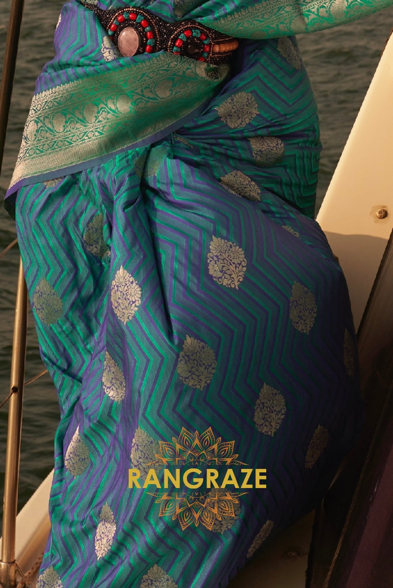 Coral Ocean Blue Dual Tone Banarasi Satin Silk Saree