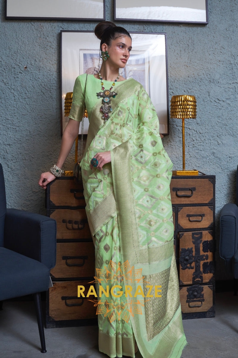 Mint Green Woven Banarasi Linen Silk Saree