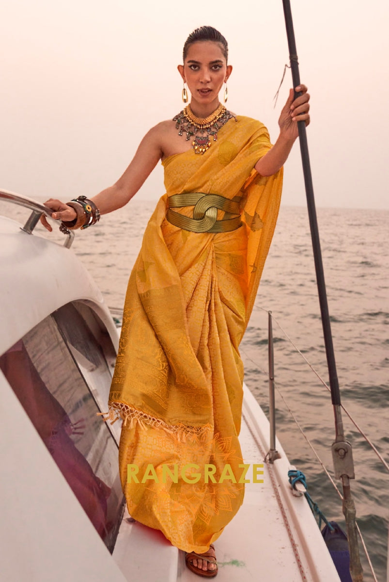 Dual Mustard Yellow Tone Banarasi Satin Silk Saree