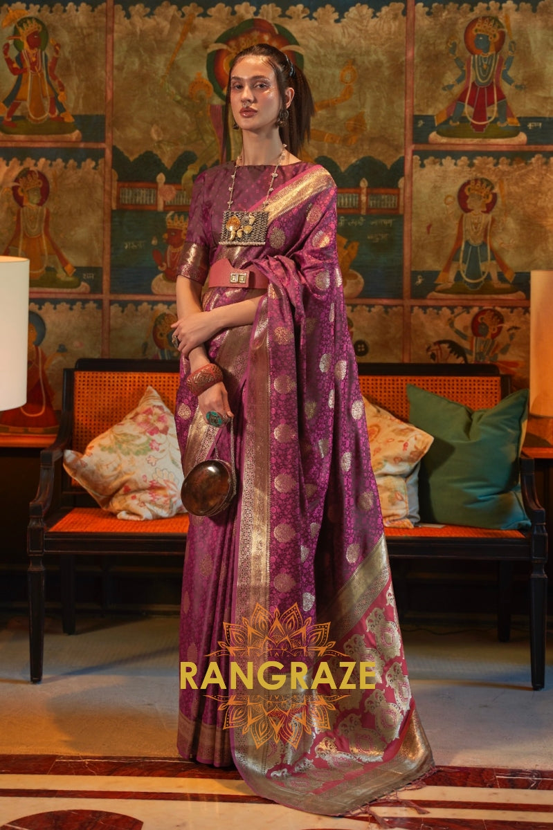 Divine Royal Maroon Woven Banarasi Satin Silk Saree