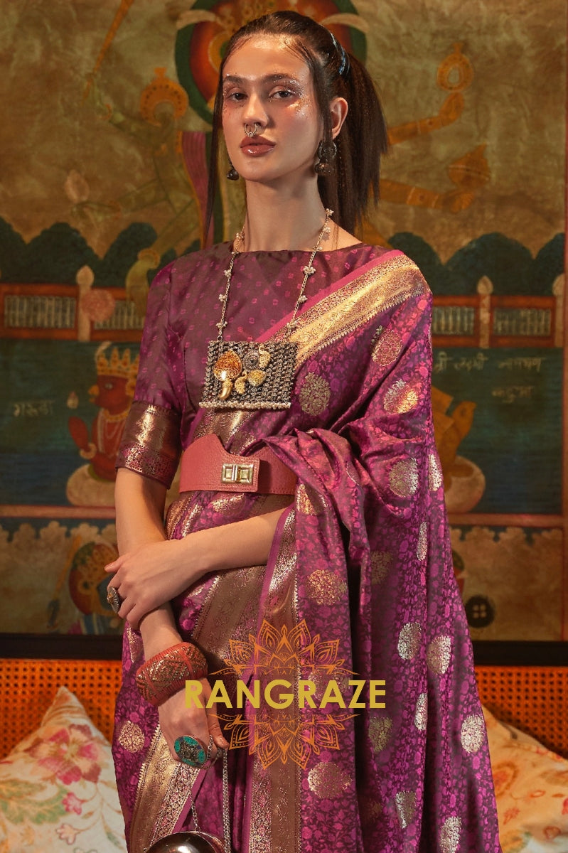 Divine Royal Maroon Woven Banarasi Satin Silk Saree