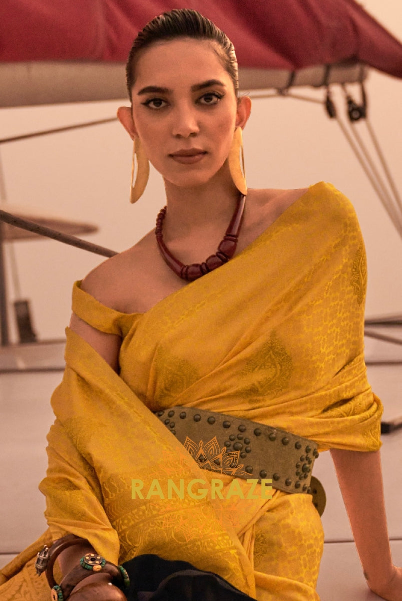 Dual Mustard Yellow Tone Banarasi Satin Silk Saree