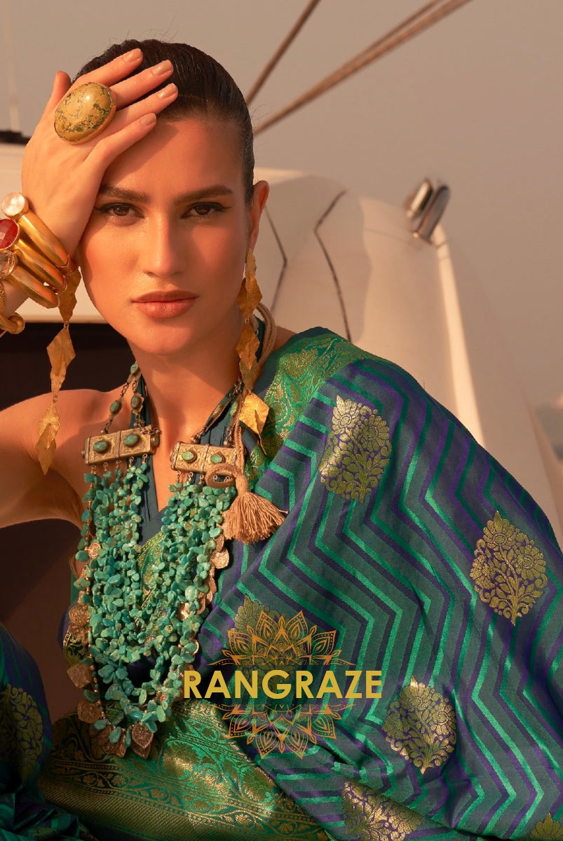 Coral Ocean Blue Dual Tone Banarasi Satin Silk Saree