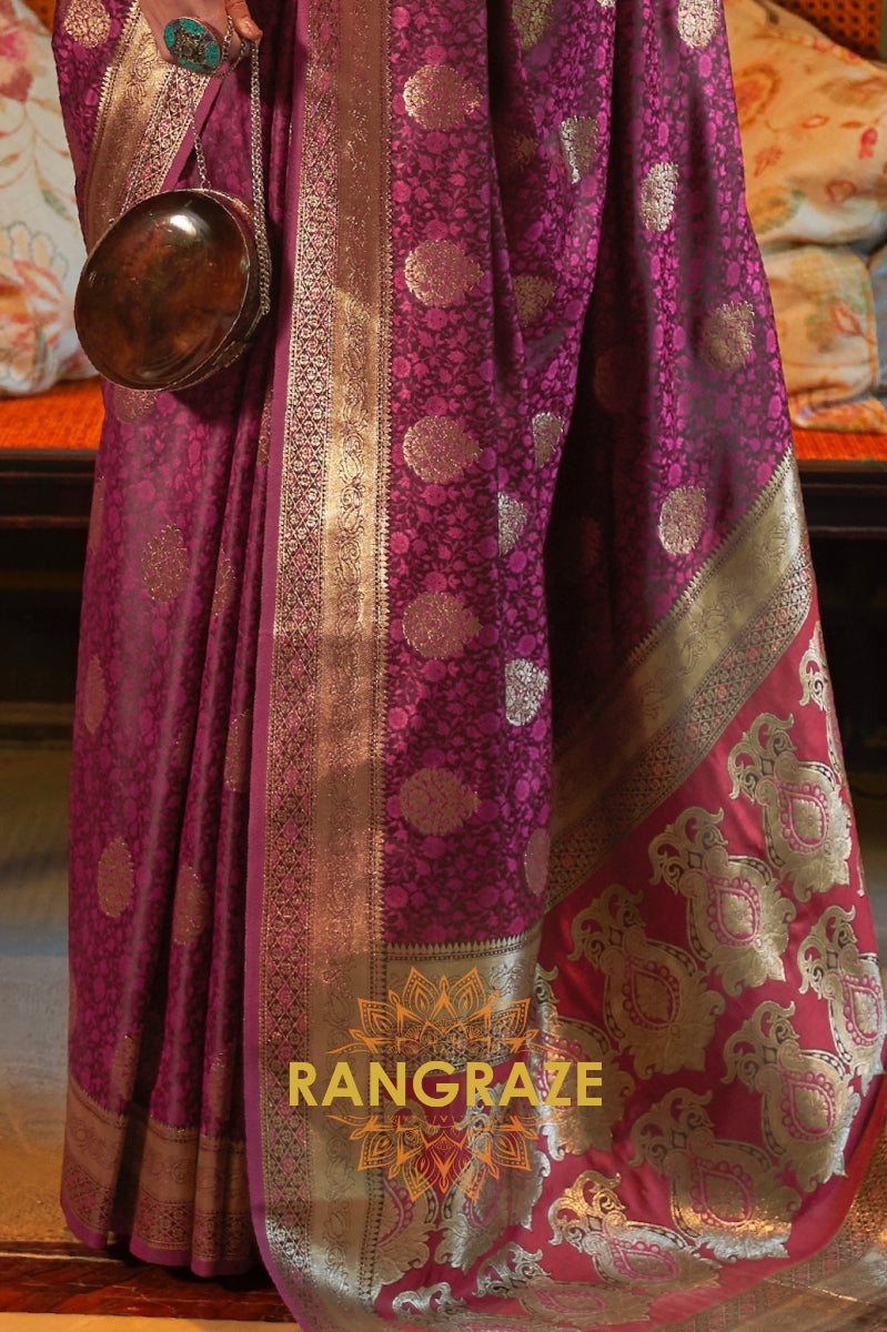 Divine Royal Maroon Woven Banarasi Satin Silk Saree