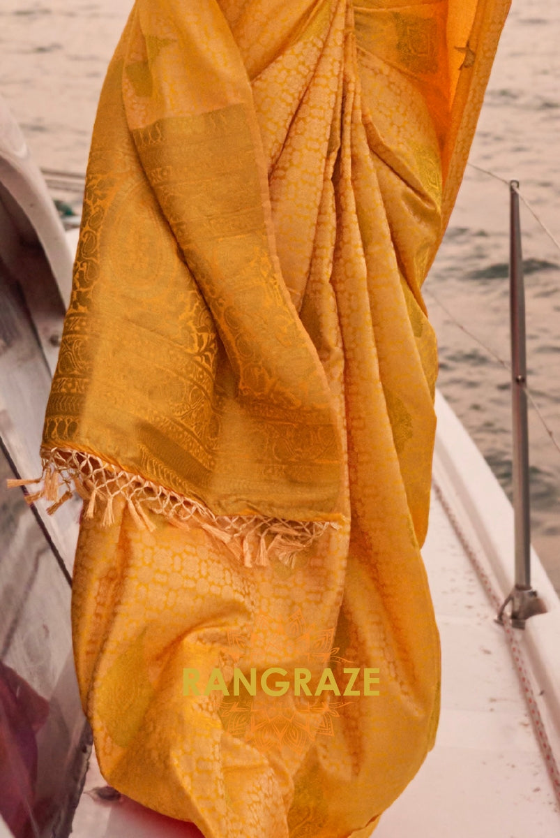 Dual Mustard Yellow Tone Banarasi Satin Silk Saree