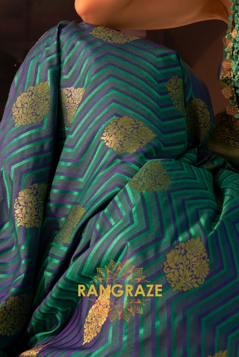 Coral Ocean Blue Dual Tone Banarasi Satin Silk Saree