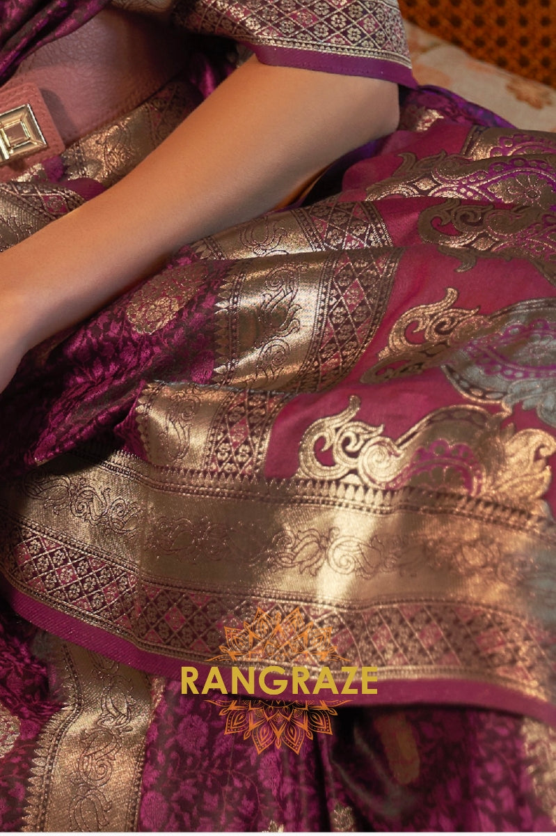 Divine Royal Maroon Woven Banarasi Satin Silk Saree