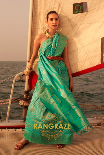 Coral Seafoam Green Dual Tone Banarasi Satin Silk Saree