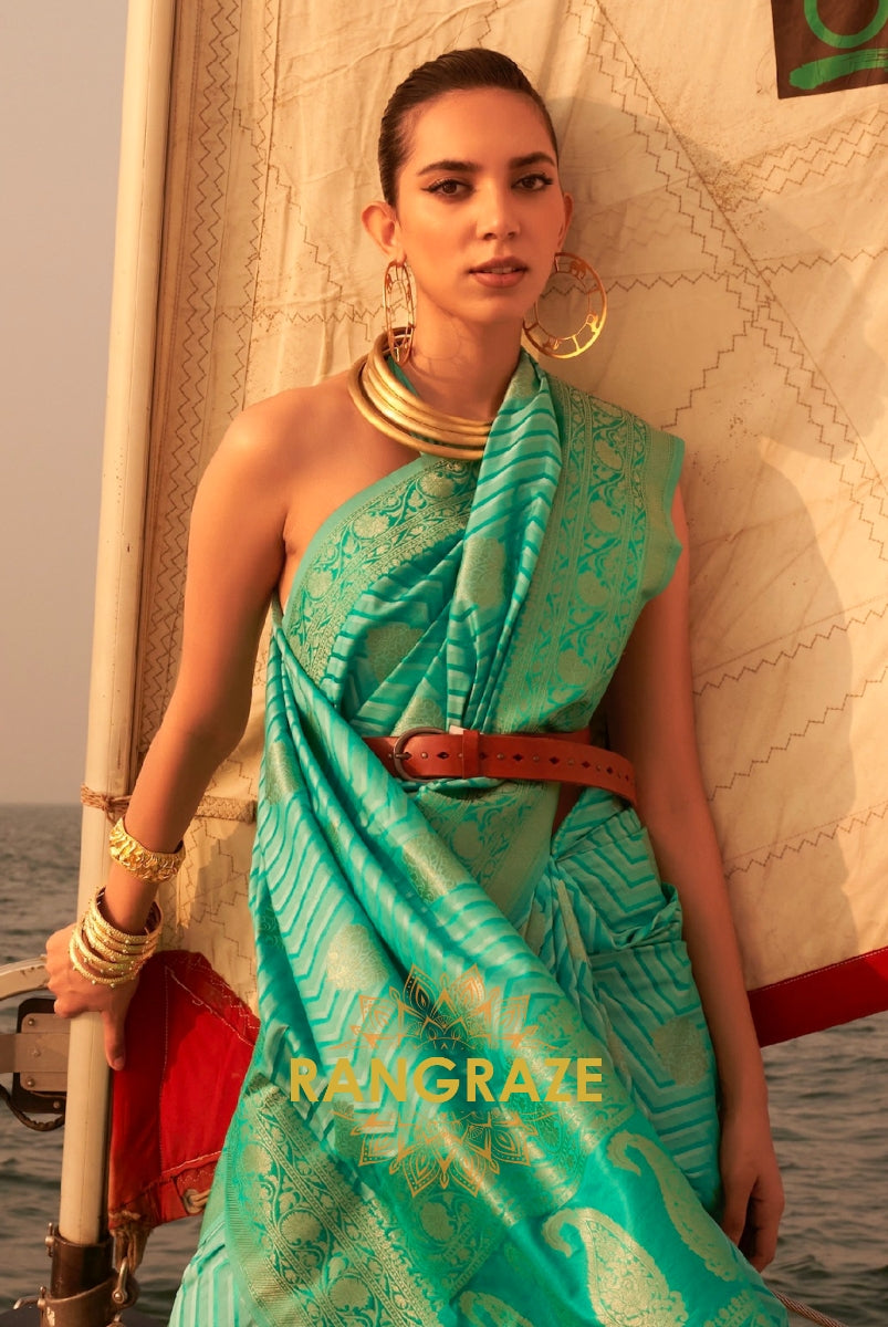 Coral Seafoam Green Dual Tone Banarasi Satin Silk Saree